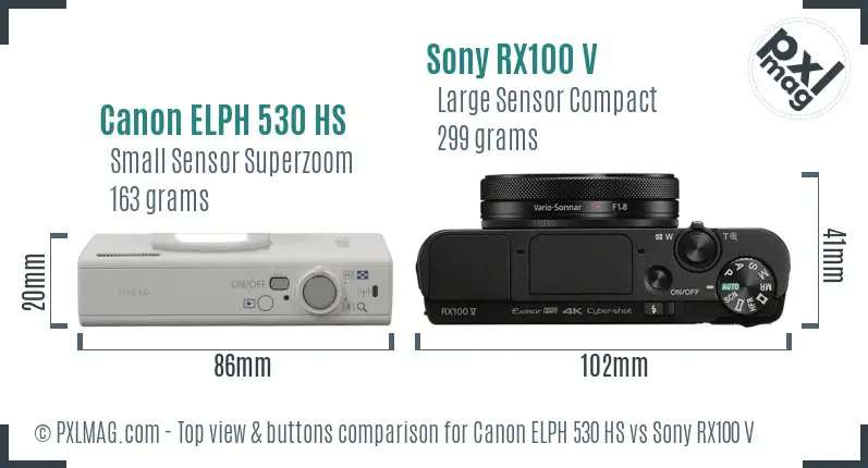 Canon ELPH 530 HS vs Sony RX100 V top view buttons comparison