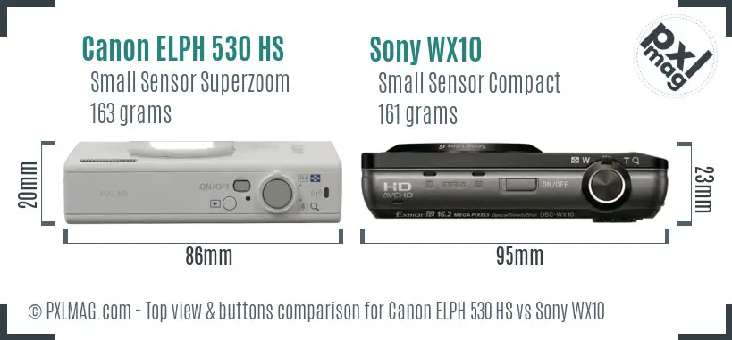 Canon ELPH 530 HS vs Sony WX10 top view buttons comparison Canon ELPH 530 HS vs Sony WX10 top view buttons comparison