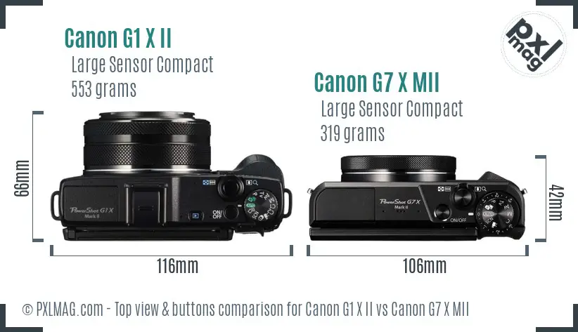 Canon G1 X II vs Canon G7 X MII top view buttons comparison