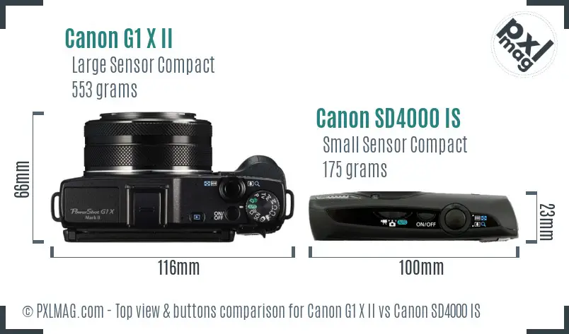 Canon G1 X II vs Canon SD4000 IS top view buttons comparison