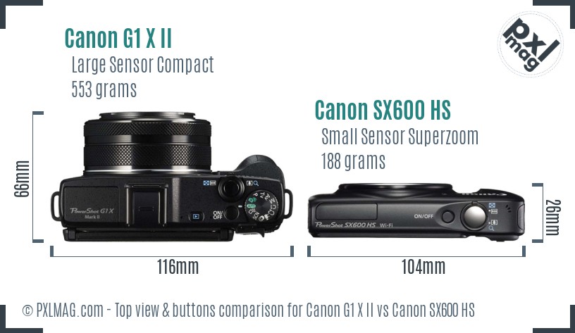 Canon G1 X II vs Canon SX600 HS top view buttons comparison