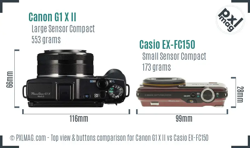 Canon G1 X II vs Casio EX-FC150 top view buttons comparison