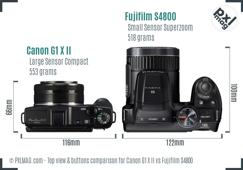 Canon G1 X II vs Fujifilm S4800 top view buttons comparison
