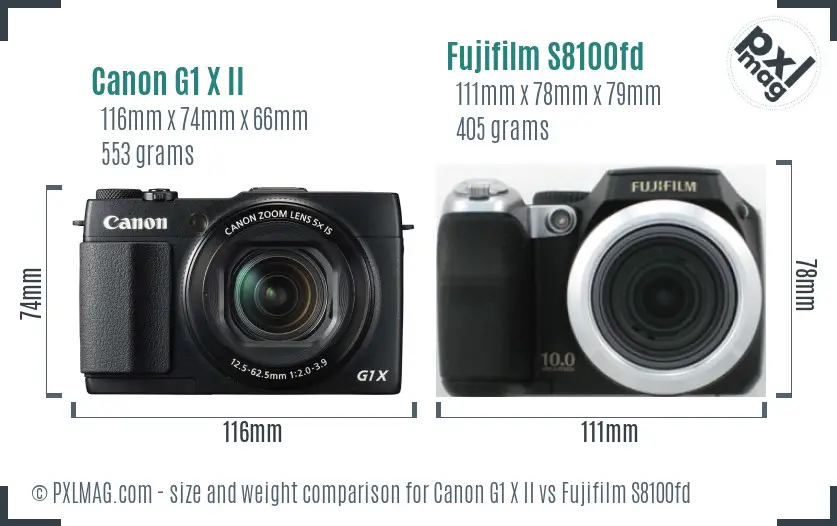 Canon G1 X II vs Fujifilm S8100fd size comparison