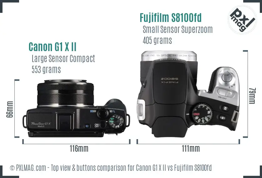 Canon G1 X II vs Fujifilm S8100fd top view buttons comparison