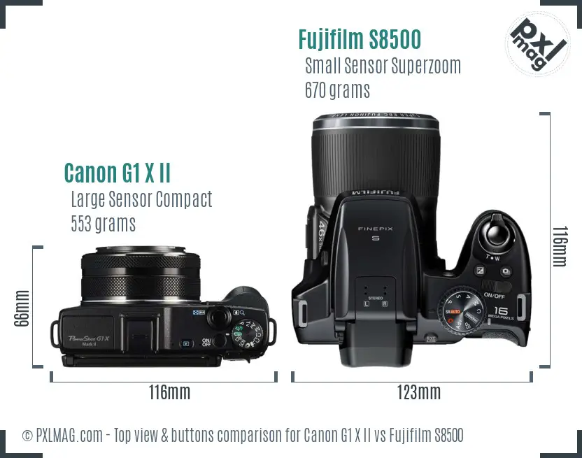 Canon G1 X II vs Fujifilm S8500 top view buttons comparison