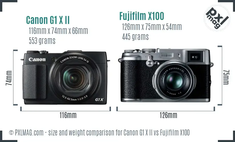 Canon G1 X II vs Fujifilm X100 size comparison