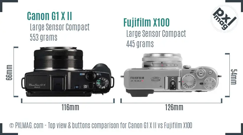 Canon G1 X II vs Fujifilm X100 top view buttons comparison