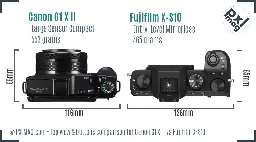 Canon G1 X II vs Fujifilm X-S10 top view buttons comparison