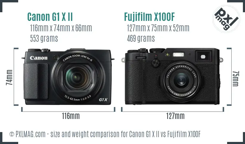 Canon G1 X II vs Fujifilm X100F size comparison