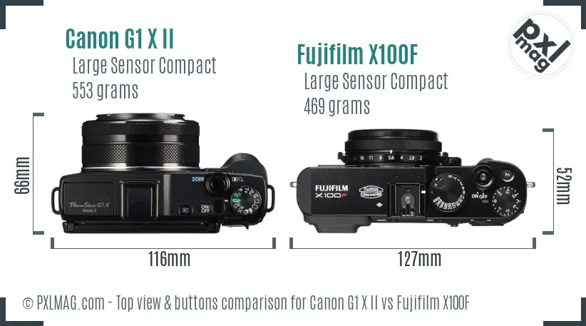 Canon G1 X II vs Fujifilm X100F top view buttons comparison