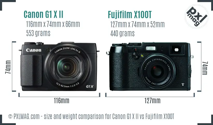 Canon G1 X II vs Fujifilm X100T size comparison