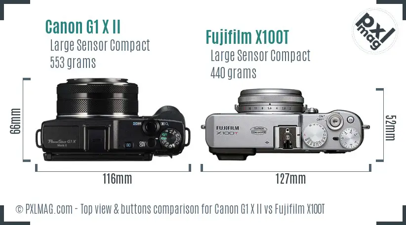Canon G1 X II vs Fujifilm X100T top view buttons comparison