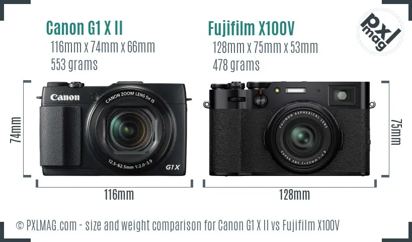 Canon G1 X II vs Fujifilm X100V size comparison