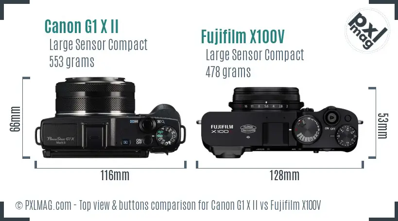Canon G1 X II vs Fujifilm X100V top view buttons comparison