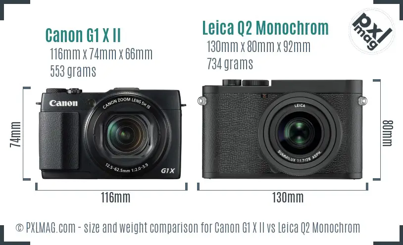 Canon G1 X II vs Leica Q2 Monochrom size comparison