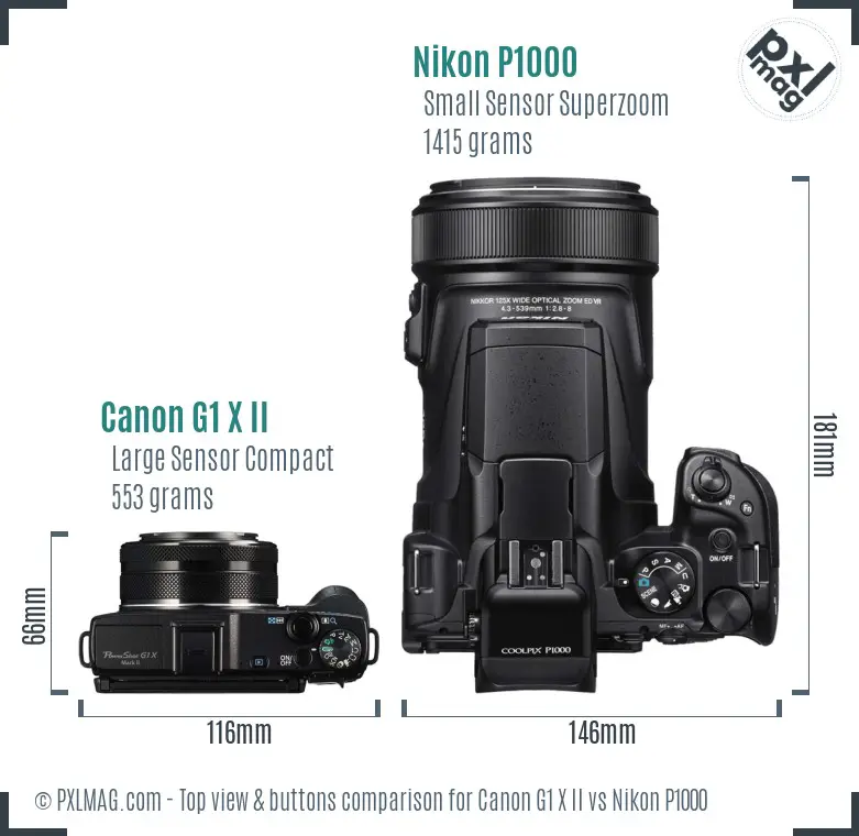 Canon G1 X II vs Nikon P1000 top view buttons comparison