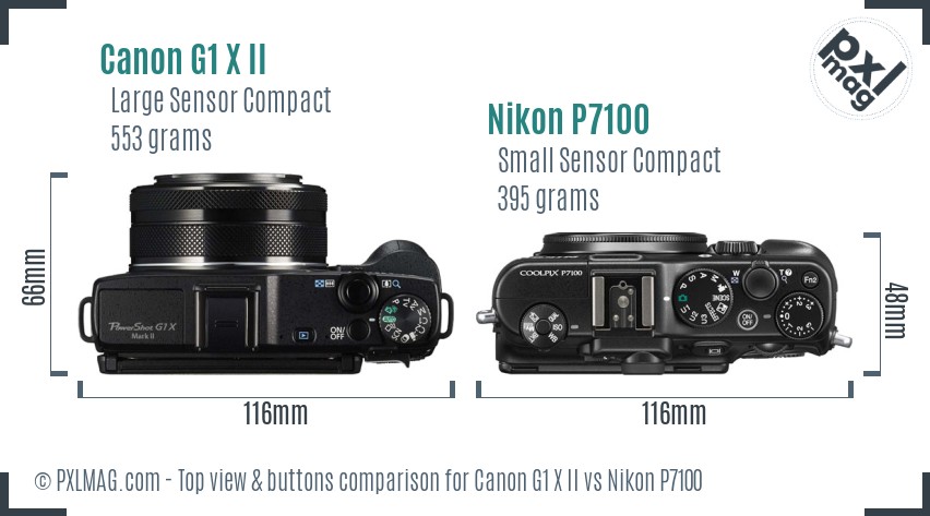 Canon G1 X II vs Nikon P7100 top view buttons comparison