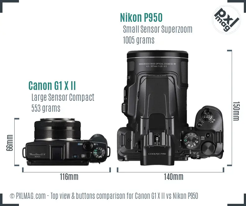 Canon G1 X II vs Nikon P950 top view buttons comparison