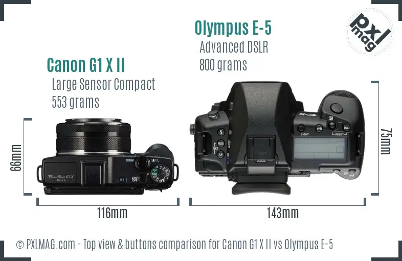 Canon G1 X II vs Olympus E-5 top view buttons comparison