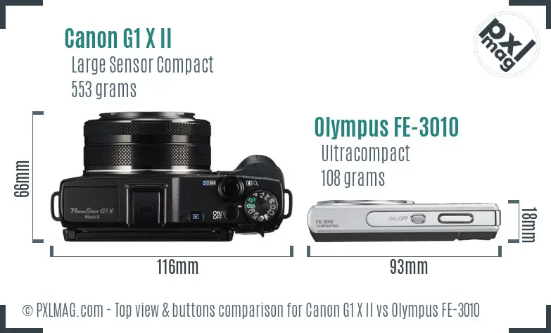 Canon G1 X II vs Olympus FE-3010 top view buttons comparison