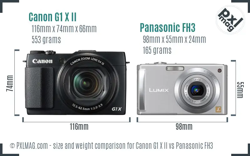 Canon G1 X II vs Panasonic FH3 size comparison