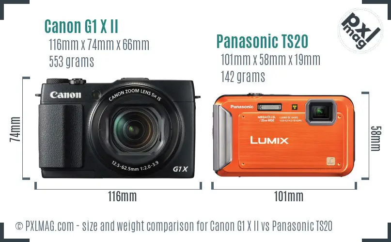 Canon G1 X II vs Panasonic TS20 size comparison
