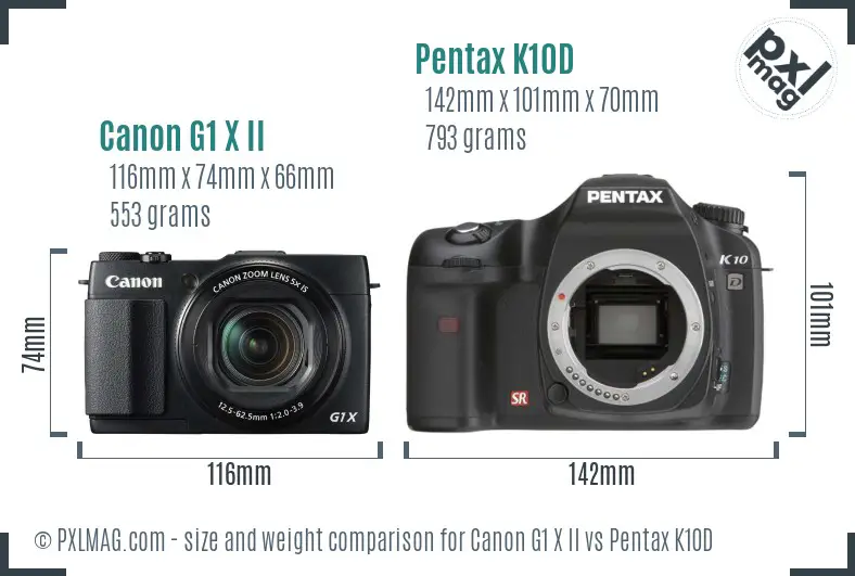Canon G1 X II vs Pentax K10D size comparison