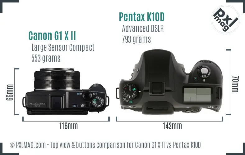 Canon G1 X II vs Pentax K10D top view buttons comparison