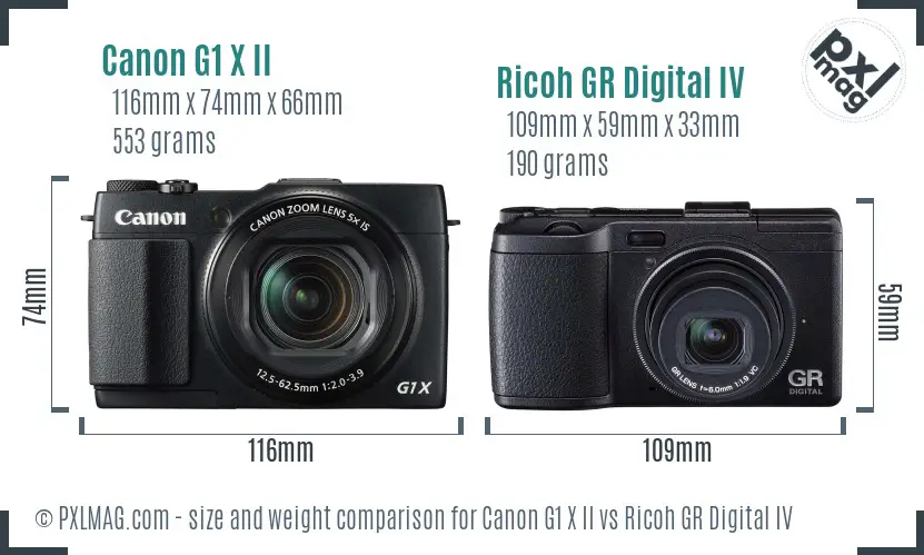 Canon G1 X II vs Ricoh GR Digital IV size comparison