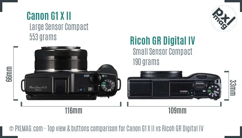 Canon G1 X II vs Ricoh GR Digital IV top view buttons comparison
