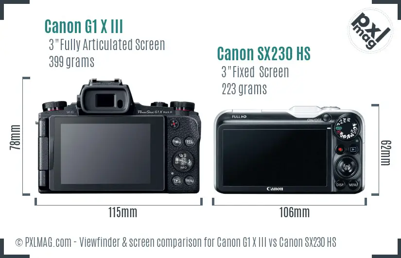 Canon G1 X III vs Canon SX230 HS Screen and Viewfinder comparison