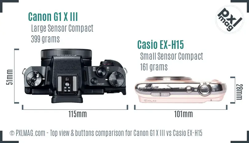 Canon G1 X III vs Casio EX-H15 top view buttons comparison