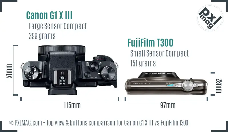 Canon G1 X III vs FujiFilm T300 top view buttons comparison Canon G1 X III vs FujiFilm T300 top view buttons comparison