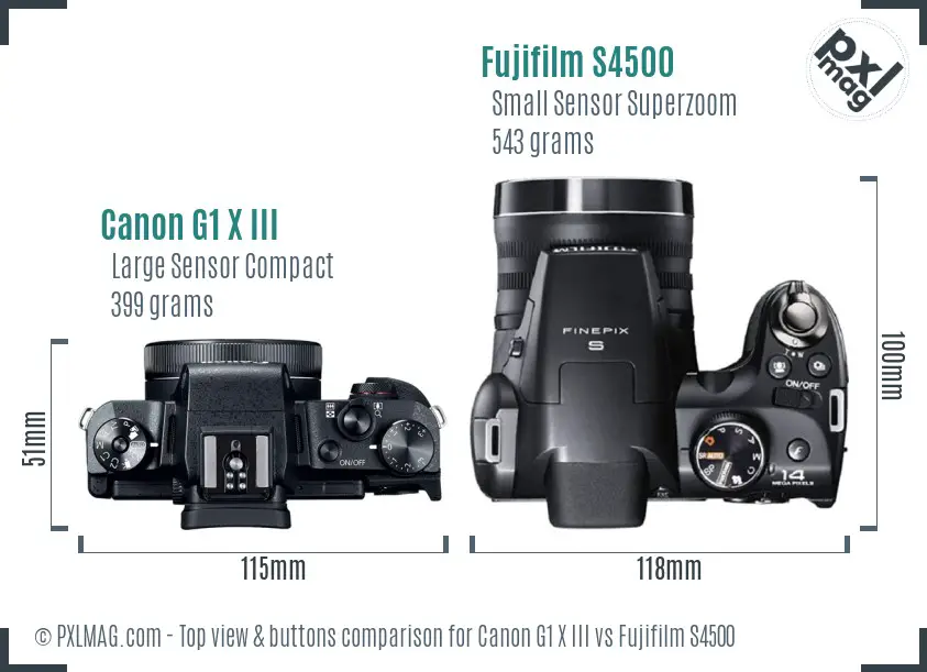 Canon G1 X III vs Fujifilm S4500 top view buttons comparison