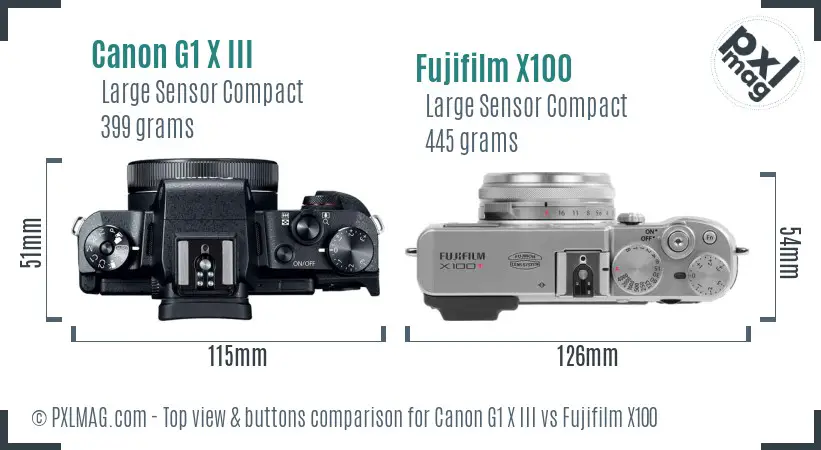 Canon G1 X III vs Fujifilm X100 top view buttons comparison