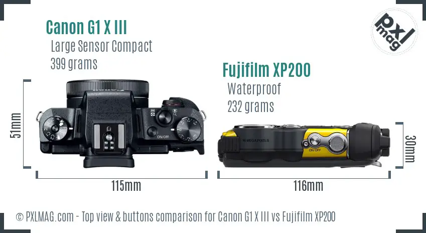 Canon G1 X III vs Fujifilm XP200 top view buttons comparison