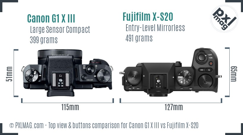 Canon G1 X III vs Fujifilm X-S20 top view buttons comparison