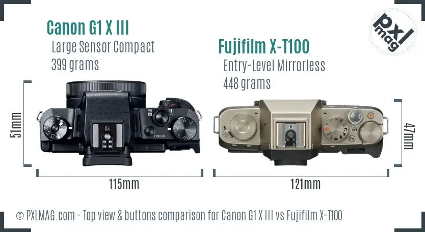 Canon G1 X III vs Fujifilm X-T100 top view buttons comparison