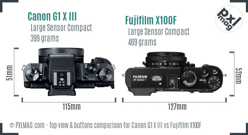 Canon G1 X III vs Fujifilm X100F top view buttons comparison