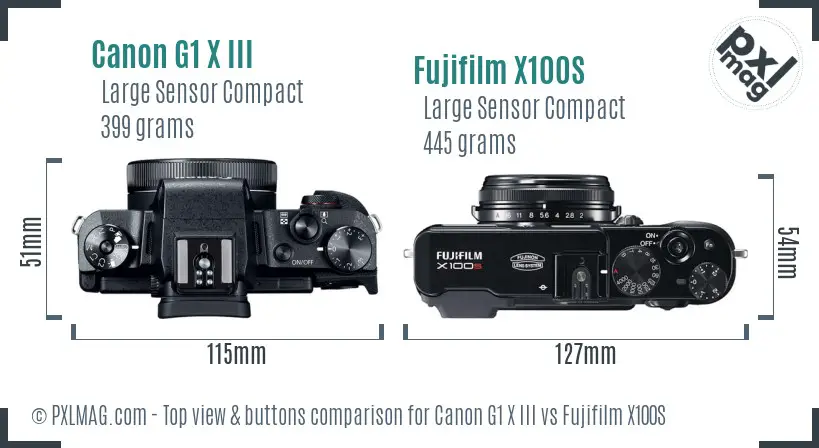 Canon G1 X III vs Fujifilm X100S top view buttons comparison
