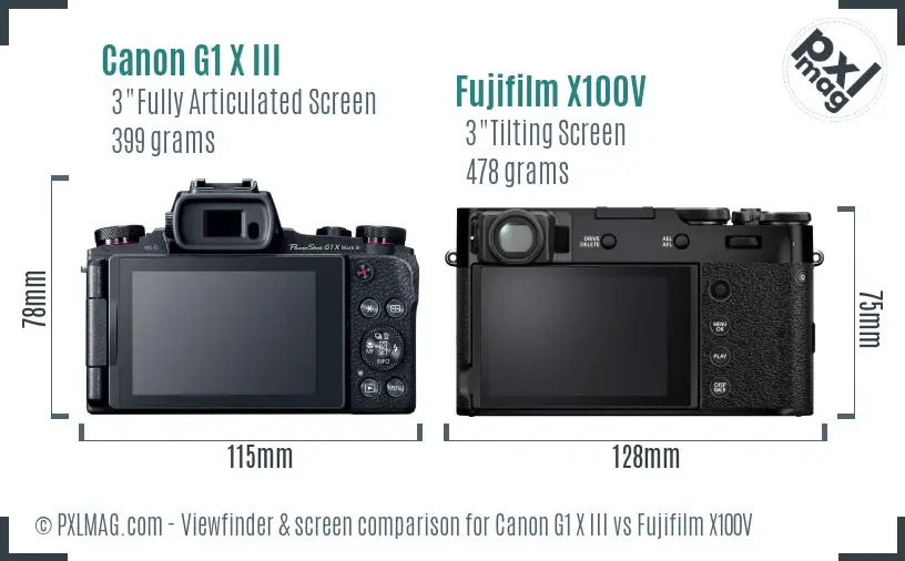 Canon G1 X III vs Fujifilm X100V Screen and Viewfinder comparison