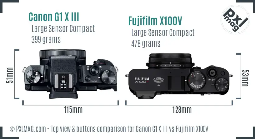 Canon G1 X III vs Fujifilm X100V top view buttons comparison