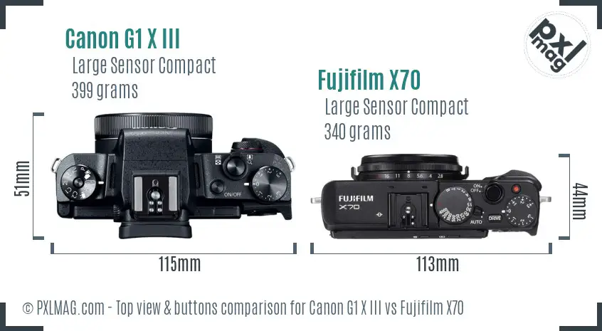 Canon G1 X III vs Fujifilm X70 top view buttons comparison