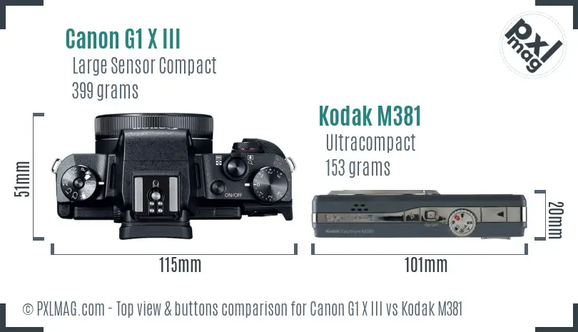 Canon G1 X III vs Kodak M381 top view buttons comparison