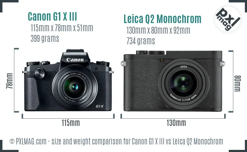Canon G1 X III vs Leica Q2 Monochrom size comparison