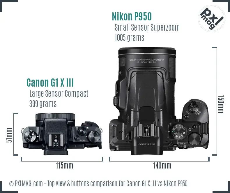 Canon G1 X III vs Nikon P950 top view buttons comparison