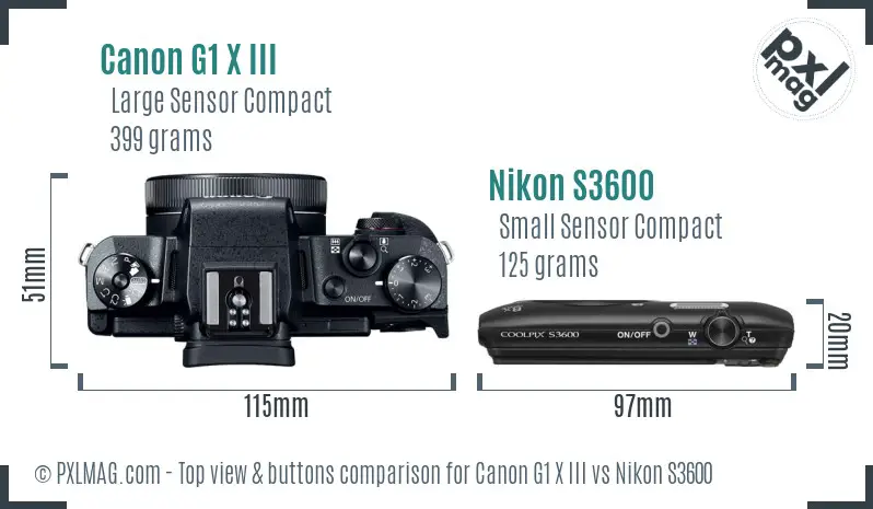 Canon G1 X III vs Nikon S3600 top view buttons comparison