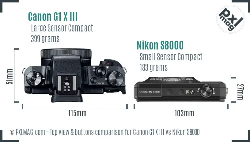 Canon G1 X III vs Nikon S8000 top view buttons comparison