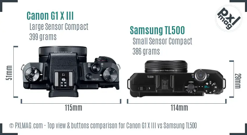Canon G1 X III vs Samsung TL500 top view buttons comparison